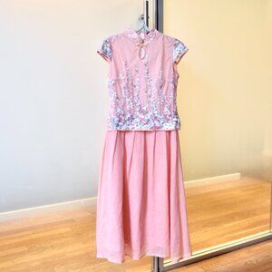 Pink Flora Lace Qipao - Patchwork Faux Two Piece Dress